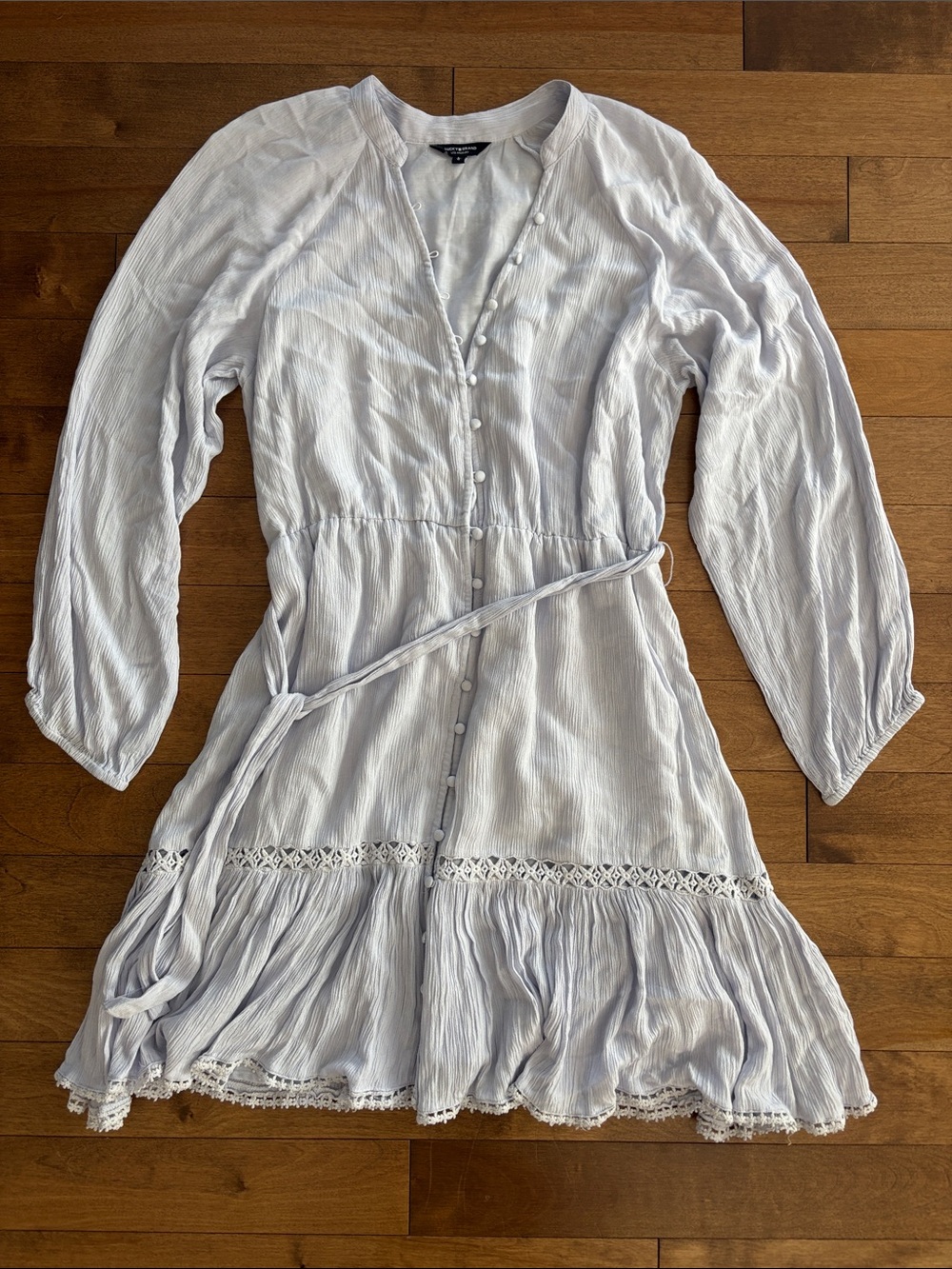 Light Blue Button-Front Women’s Dress with Crochet Trim